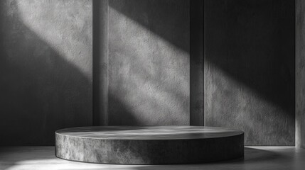 Poster - Soft rays of light filter through a bare room, highlighting a smooth circular podium atop a sleek, polished floor. The monochromatic palette creates a serene and elegant atmosphere