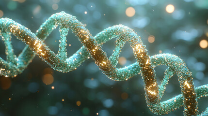 Fototapete - close up view of DNA double helix structure, showcasing intricate details with shimmering particles and vibrant background. image conveys sense of scientific discovery and innovation