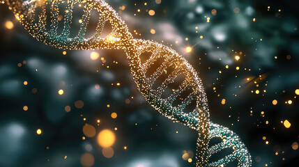 Fototapete - close up view of DNA double helix structure, showcasing intricate details and glowing particles that create sense of wonder and scientific exploration. vibrant colors and sparkling elements