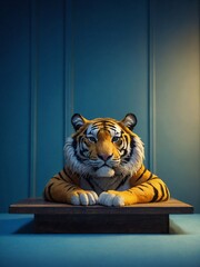 Wall Mural - Cartoon tiger sitting on a table with blue background
