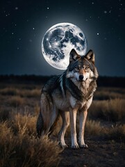 Wall Mural - Cartoon wolf standing in front of a full moon