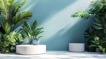 Poster - Vibrant green plants flourish against a soft blue wall, creating a tranquil indoor garden. Sleek seating complements the natural beauty, illuminated by gentle sunlight