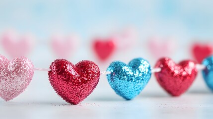 Aufkleber - Glittering hearts hanging on a string, celebrating valentine's day