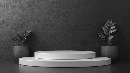 Aufkleber - Two sleek circular podiums sit gracefully in a modern setting, complemented by lush indoor plants in stylish pots