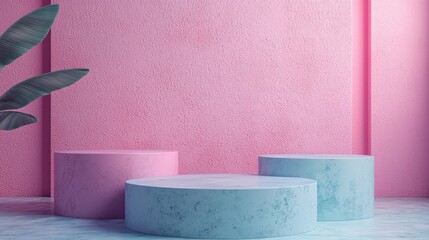 Aufkleber - A vibrant room features three circular platforms in pastel pink and blue, set against a bold pink wall. This artistic arrangement offers a fresh backdrop for events or creative displays