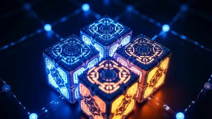 Poster - An abstract futuristic, abstract technology 3D cubes structure, with intricate circuit patterns on their surfaces