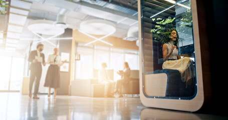 Aufkleber - Lobby, meeting and business people with cubicle in office for coworking space for collaboration, teamwork and project. Professional, corporate and men and women in workspace pods for productivity