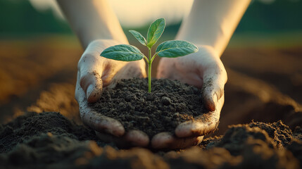 Poster - close up of hands holding rich soil with small green plant sprouting, symbolizing growth and nurturing. warm sunlight enhances emotional connection to nature and sustainability