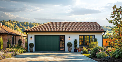 Poster - modern detached house with garage, featuring tiled roof and surrounded by lush greenery and colorful plants. inviting exterior showcases blend of contemporary design and natural beauty