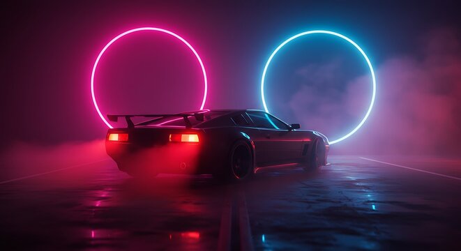 Sleek Black Sports Car Under Neon Pink and Blue Rings at Night