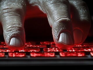 redlit keys: hand typing in darkness.