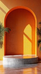 Poster - Sunlight streams through an open archway, illuminating a round concrete platform. Surrounding lush green palm leaves enhance the bright yellow walls, creating a serene yet lively atmosphere