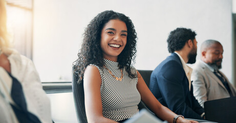 Fototapete - Happy, meeting and portrait of business woman for teamwork, collaboration and training. Professional, corporate office and people in boardroom for workshop, company event and seminar for development