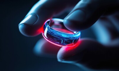 Poster - Person holds a futuristic smart ring with glowing red and blue neon lights, showcasing innovation.