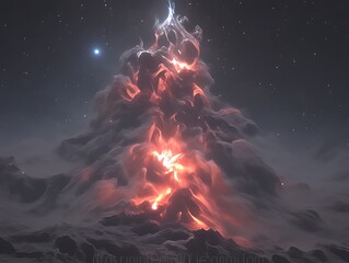 Wall Mural - ethereal fiery mountain peak under starry night.