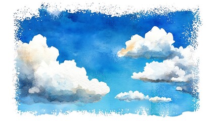 Poster - Blue watercolor background texture featuring abstract painted white clouds with a soft pastel blue border in a grunge style, perfect for serene designs.