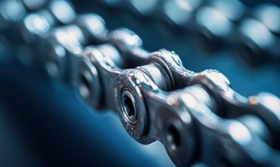 Poster - Detailed close-up of a bicycle chain highlighting its metallic links and complex mechanical design.