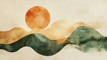 Poster - Soft hues of orange and green create a calming atmosphere as a sun sinks behind rolling hills, casting gentle shadows over the flowing waves, inviting peace and reflection