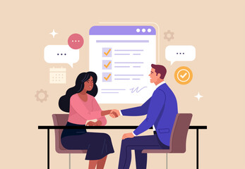 Fototapete - Business Job Interview concept. Vector cartoon illustration of a man in a suit and a woman at a desk shaking hands. Isolated on background.