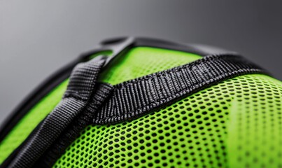 A close-up reveals the intricate texture of neon green mesh fabric with a black strap detail.