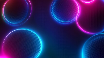 Wall Mural - abstract background with neon blue and purple circles on a dark geometric pattern.