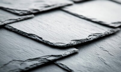 Poster - A close-up reveals the intricate texture and pattern of dark gray slate roof tiles.
