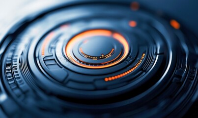 Poster - A futuristic circular pattern with concentric rings and orange light accents, rendered in a technological design.