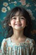 © cik - Radiant child smiling, with floral backdrop, wearing a charming, floral dress
