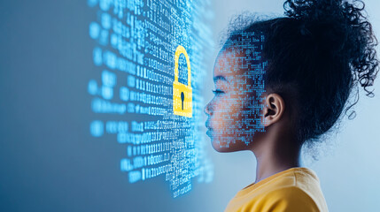 digital footprint concept with child's silhouette and cybersecurity lock interface