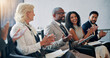 © peopleimages.com - Business, applause and audience in seminar, group and colleagues in workshop for training or meeting. Conference, success and crowd with smile for presentation, clapping and achievement for people