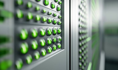 Poster - A close-up of a server rack in a data center shows green lights indicating operational activity.