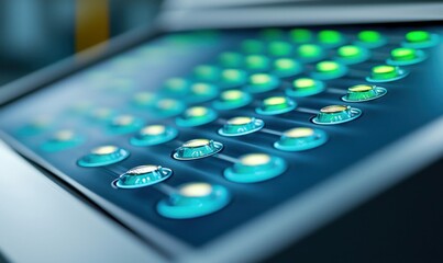 Poster - close-up shot of a control panel with a grid of glowing green buttons for industrial automation.