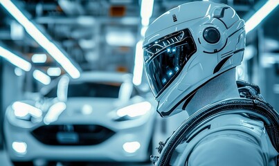 Poster - A futuristic robot engineer oversees the automotive production line with cutting-edge technology and precision.