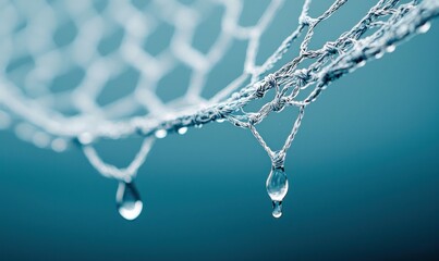Water droplets cling to a woven net, suspended against a calming blue gradient backdrop.