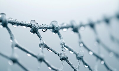 Water droplets glisten on a woven net, creating a mesmerizing pattern against a neutral backdrop.