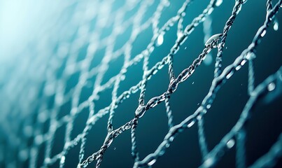 Poster - Close-up of a metallic net covered in water droplets against a blurry blue gradient backdrop.