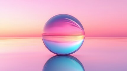 Poster - Colorful glass sphere reflecting sunset serene ocean view digital art tranquil scene