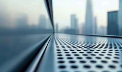 Poster - A metallic perforated surface creates a modern, abstract pattern against a blurred city background.
