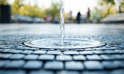 Poster - Water pours into a modern urban fountain, offering a refreshing escape on a warm day.