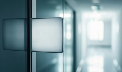 Poster - A sleek door sign on a glass wall offers a modern, minimalist touch to a bright office hallway.