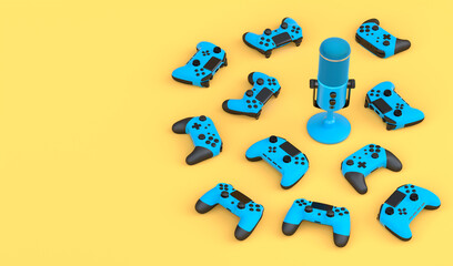 Poster - Top view gamer gears like joystick and microphone on yellow background