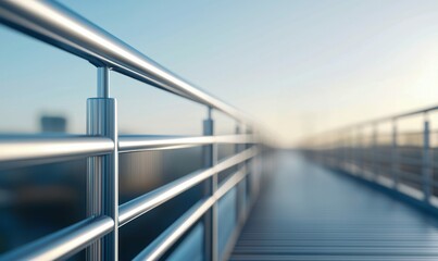 Poster - A sleek metal railing stands out against the soft blur of a modern cityscape, offering a unique perspective.