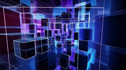 Poster - vibrant digital abstract landscape glowing cubes in blue, purple, and black create futuristic techno