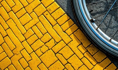 Poster - A bicycle wheel rests on a vibrant yellow brick path, creating a textural urban scene.