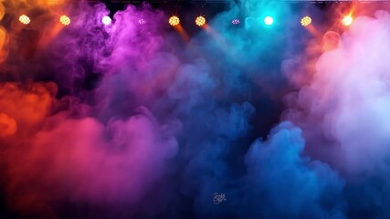 Poster - Vibrant smoke fills stage with colorful hues of purple, orange, and blue, creating dynamic atmosphere perfect for performances and events with stunning lighting effects.