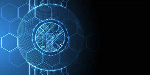 Fototapete - Abstract image of a computer chip in the middle of a wireframe sphere on a blue gradient. Vector
