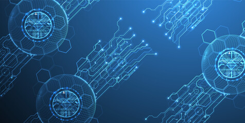 Fototapete - Abstract image of a computer chip in the middle of a wireframe sphere on a blue gradient. Vector