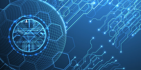 Fototapete - Abstract image of a computer chip in the middle of a wireframe sphere on a blue gradient. Vector