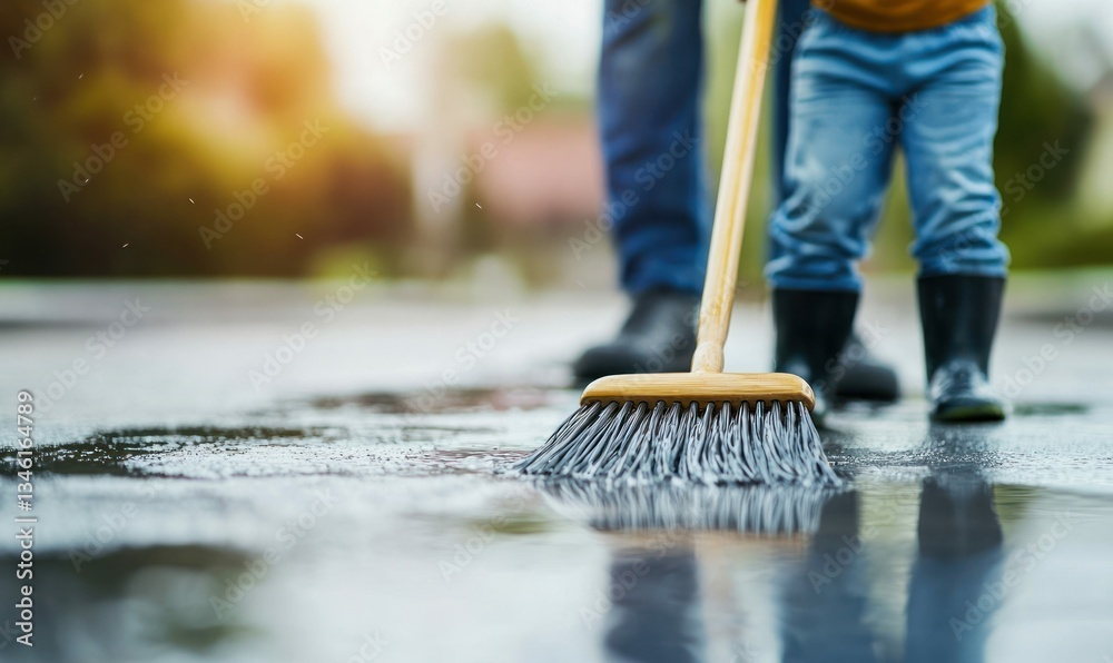 Father and son work together to clean up a large puddle on the street ...