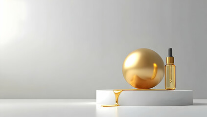 Poster - Golden sphere and a dropper bottle on a white podium